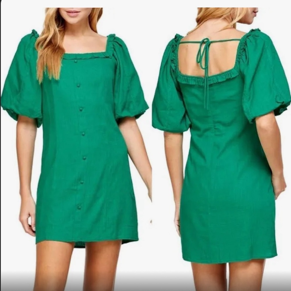 Nordstrom (One One Six label) green linen dress with puffy sleeves size small